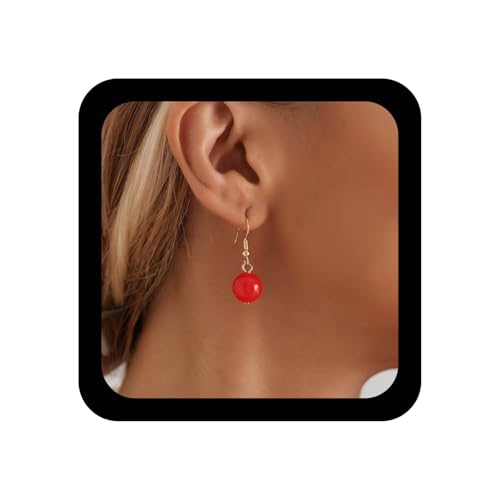 Inilbran Boho Red Perlen Ball Drop Ohrringe Rote Korallenperlenohrringe Runde Perle Dangle Ohrring Burgund Ball Ohrring Für Frauen von Inilbran