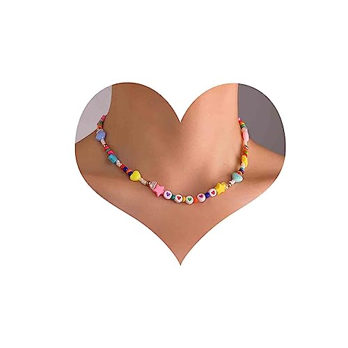 Inilbran Boho Regenbogen Saatgut Perle Halskette Halskette Bunte Saatgut Perle Halskette Halskette Vintage Acryl Bunte Harz Perle Halskette Kette Minimalistische Reis Perle Halskette Schmuck von Inilbran