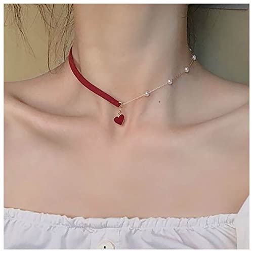 Inilbran Boho Rot Samt Choker Halskette Vintage Perle Herz Anhänger Halskette Liebe Herz Perle Nähen Halskette Rotes Herz Halskette Schmuck Für Frauen Und Mädchen von Inilbran