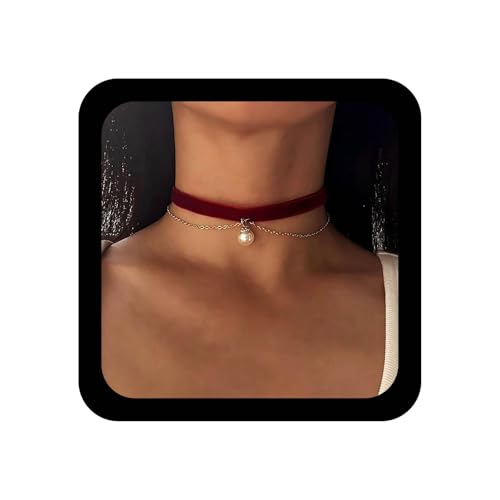 Inilbran Boho Rot Samt Choker Halskette Vintage Perle Quaste Baumeln Halskette Rot Wildleder Band Halsketten Gothic Kurze Perle Kragen Halsketten Schmuck Für Frauen von Inilbran