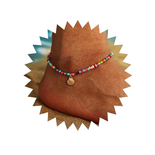 Inilbran Boho Saatgut Perle Fußkettchen Regenbogen Reis Perle Knöchel Armband Jakobsmuschel Anhänger Knöchel Kette Armband Bunte Perle Ball Fußkette Schmuck Für Frauen Und Mädchen von Inilbran