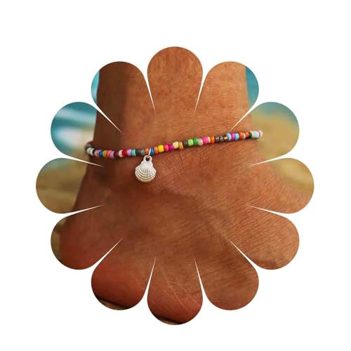 Inilbran Boho Saatgut Perle Fußkettchen Regenbogen Reis Perle Knöchel Armband Jakobsmuschel Anhänger Knöchel Kette Armband Bunte Perle Ball Fußkette Schmuck Für Frauen Und Mädchen von Inilbran