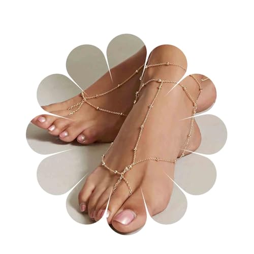 Inilbran Boho Satellit Barfuß Sandalen Kette Geschichtet Ball Knöchel Armband Gold Perlen Fußkettchen Armband Schichtung Perle Kette Fußkettchen Vintage Perle Ball Fuß Kette Schmuck Für Frauen Und von Inilbran