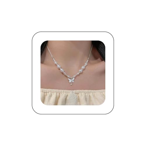 Inilbran Boho Schmetterling Anhänger Halskette Weiße Perle Perle Vintage Unregelmäßige Perlen Choker Einstellbar Tier Tropfen Kette Schmuck Für Frauen von Inilbran