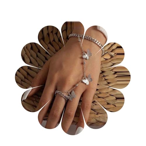 Inilbran Boho Schmetterling Fingerring Armband Silber Schmetterling Slave Armband Vintage Schmetterling Ring Handgelenk Armband 3D Schmetterling Handkette Armband für Frauen und Mädchen von Inilbran