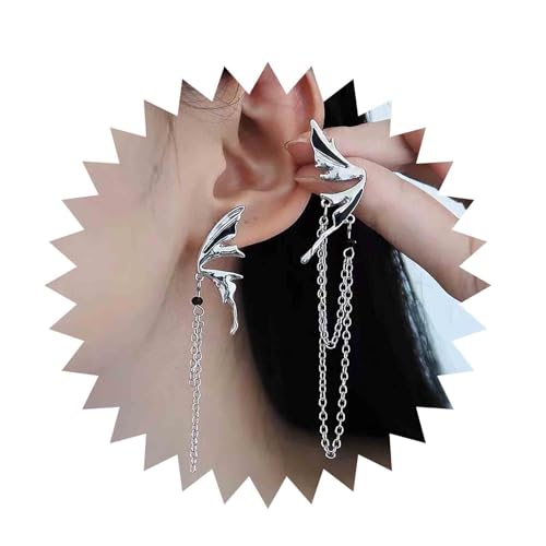 Inilbran Boho Schmetterling Flügel Ohrringe Vintage Schwarz Kristall Quaste Kette Ohrringe Silber Schmetterling Ohrstecker Lange Quaste Flügel Ohrringe Personifizierte Asymmetrische Ohrringe von Inilbran