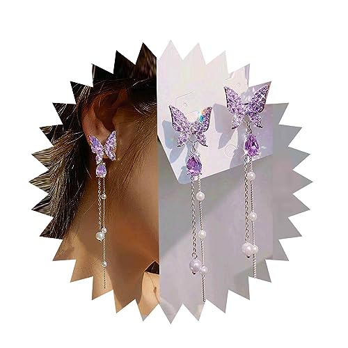 Inilbran Boho Schmetterling Perle Quaste Ohrringe Lange Perle Quaste Kette Ohrringe Lila Kristall Schmetterling Ohrringe Silber Schmetterling Perle Lange Kette Ohrringe Schmuck Für Frauen Und Mädchen von Inilbran