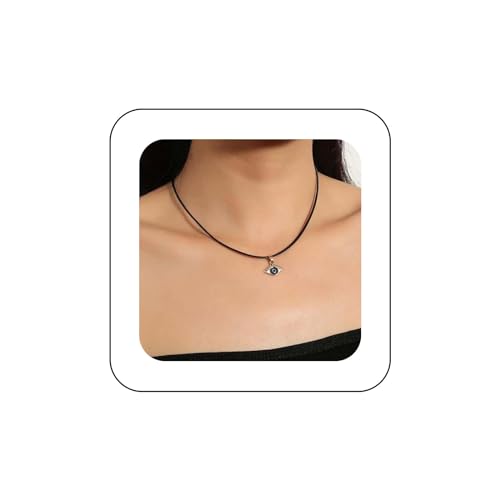 Inilbran Boho Schwarz Leder Choker Halskette Silber Evil Eye Halskette Choker Silber Demon Eye Anhänger Halskette Kurzes Lederhalsband Halskette Schmuck für Frauen und Mädchen von Inilbran