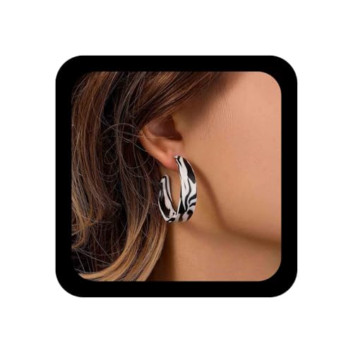 Inilbran Boho Schwarz-Weiß Gestreifte Ohrringe - Vintage Karierte Acryl Gitter Reifen - C Form Tropfen - Schmuck für Frauen und Mädchen - Geschenke von Inilbran