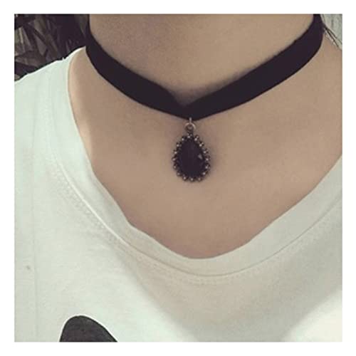 Inilbran Boho Samt Choker Halskette mit Wasser Tropfen Edelstein Anhänger für Frauen - Gothic, Alternative Mode, Retro, Schwarz von Inilbran