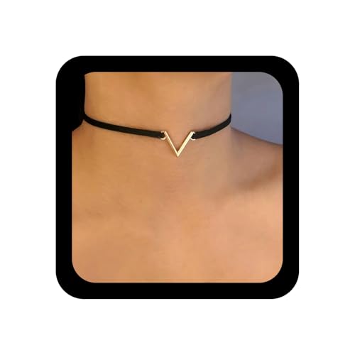 Inilbran Boho Schwarzer Samt Choker Halskette Vintage V Form Halskette Schwarzes Wildleder Band Kragen Halsketten Gothic Kurze Samt Buchstabe V Halsketten Schmuck Für Frauen von Inilbran