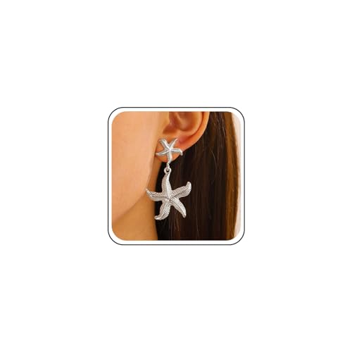 Inilbran Boho Seestern Ohrringe Übertrieben Seestern Baumeln Ohrringe Vintage Stern Fisch Tropfen Ohrringe Sommer Strand Seestern Ohrringe Schmuck Für Frauen Und Mädchen (Silber) von Inilbran