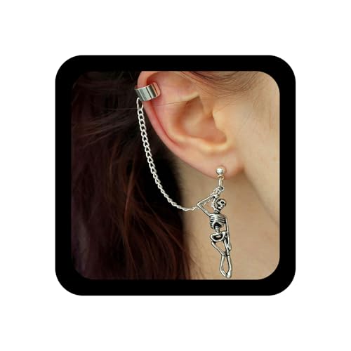 Inilbran Boho Skelett Ohrmanschette Ohrringe Silber Schädel Tropfen Ohrringe Lange Quaste Kette Ohrring Schädel Reif Wrap Kette Ohrring Retro Quaste Schädel Anhänger Ohrringe Schmuck Für Frauen von Inilbran