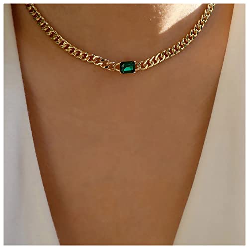 Inilbran Boho Smaragd Halskette Choker Vintage Quadratisch Grün Kristall Halskette Grün Smaragd Choker Halskette Punk Gold Curb Chain Halskette Schmuck Für Frauen Und Mädchen von Inilbran