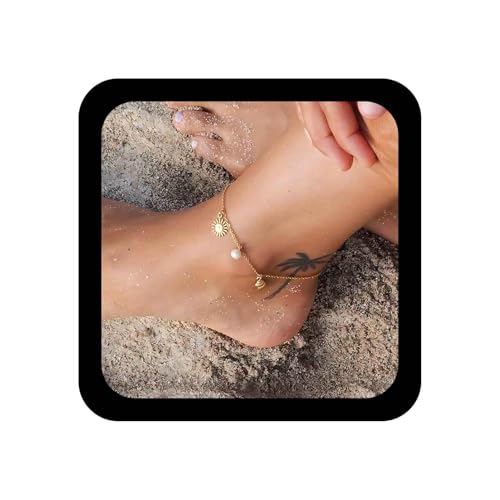 Inilbran Boho Sonne Fußkettchen Armband Vintage Perle Baumeln Fuß Kette Gold Muschel Knöchel Kette Einstellbar Sunburst Baumeln Link Armband Zubehör Für Frauen von Inilbran