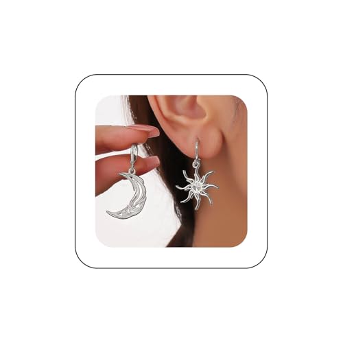 Inilbran Boho Sonne Mond Ohrringe Vintage Mondsichel Baumeln Ohrringe Silber Himmlische Sonne Tropfen Ohrringe Asymmetrische Mond Stern Reif Ohrringe Schmuck Für Frauen von Inilbran