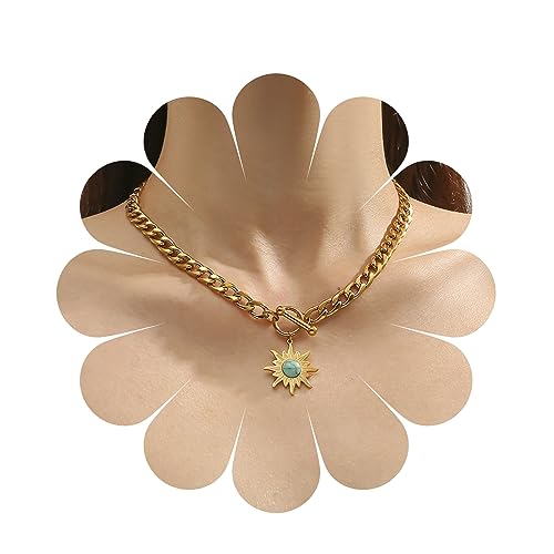 Inilbran Boho Sonnenblume Choker Halskette Punk Chunky Cuban Kette Choker Halskette Gold Türkis Sunburst Anhänger Halskette Vintage Kandare Kette Knebel Bar Verschluss Halskette Für Frauen Und Mädchen von Inilbran