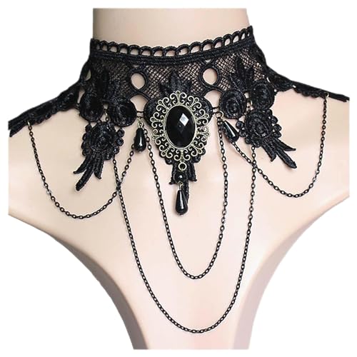Inilbran Boho Spitze Choker Halskette - Vintage Lace für Frauen - Schwarz mit Kristall Tränen - 35+5cm mit Verlängerungskette von Inilbran