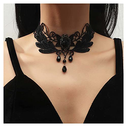 Inilbran Boho Spitze Halskette Kette Schwarz Kristall Fransen Halskette Choker Gothic Spitze Blumen Choker Halskette Vintage Tropfen Spitze Clavicle Kette Halskette Schmuck Für Frauen Und Mädchen von Inilbran