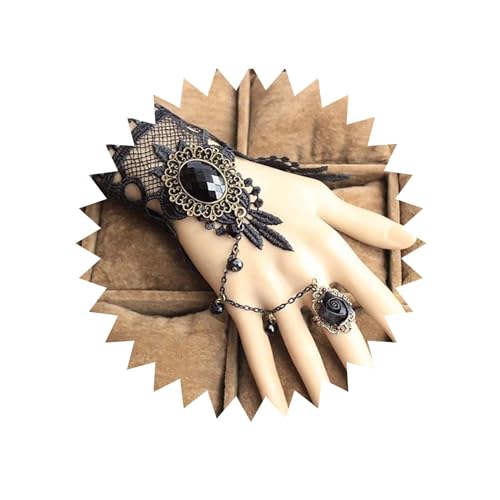 Inilbran Boho Spitzen-Fingerring-Armbänder Schwarzes Blumen-Sklaven-Armband Vintage-Edelstein-Ring-Handgelenk-Armband Gothic Schwarzer Kristall-Handketten-Armband für Frauen und Mädchen von Inilbran