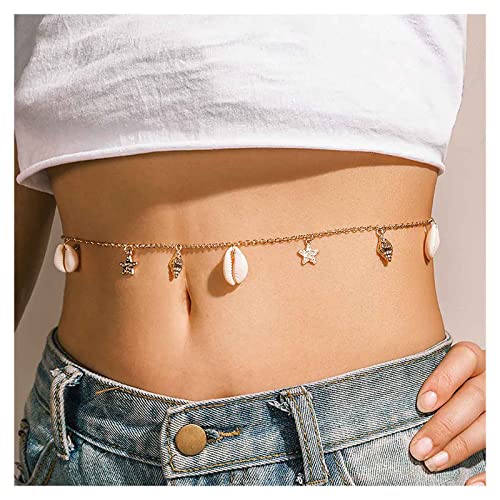 Inilbran Boho Stern Anhänger Taille Kette Gold Cowrie Drop Bauch Ketten Gold Muschel Körper Kette Vintage Stern Taille Körper Kette Zubehör Schmuck Für Frauen Und Mädchen von Inilbran