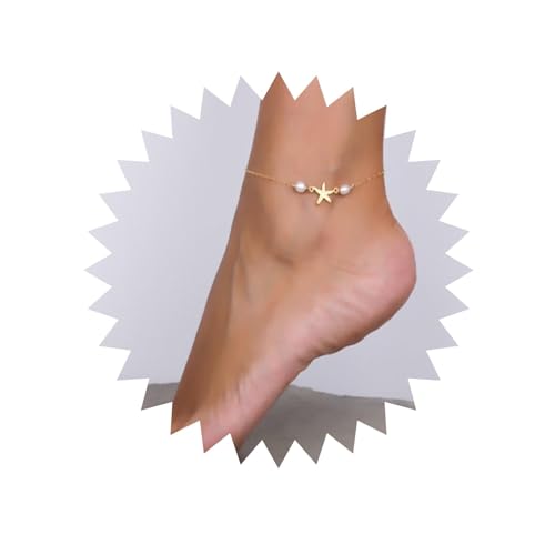 Inilbran Boho Stern Knöchelarmband Weiß Perle Fußkettchen Armband Gold Perlenkette Fußkettchen Armband Vintage Perle Seestern Fußkettchen Fußkette Schmuck Für Frauen Und Mädchen von Inilbran
