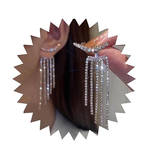 Inilbran Boho Strass Quasten Ohrringe silberne lange Kristallketten Ohrringe lange Kristall Cz Ohrringe Vintage Kristall Jackenohrringe Hochzeit Cz Ohrringe Schmuck für Frauen und Mädchen von Inilbran