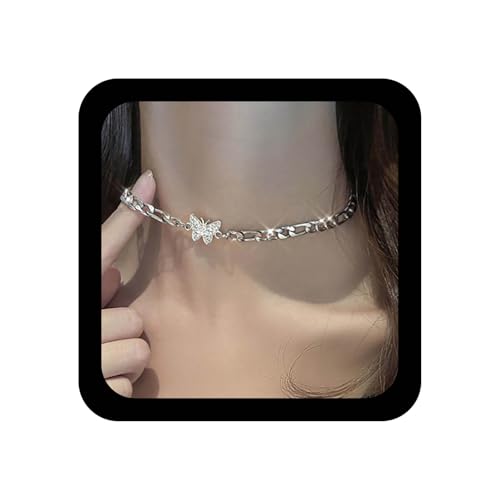 Inilbran Boho Strass Schmetterling Halskette Silber Figaro Clip Kette Halskette Vintage Kristall Choker Halskette Silber Dicke Kette Halskette Schmuck Für Frauen Und Mädchen von Inilbran