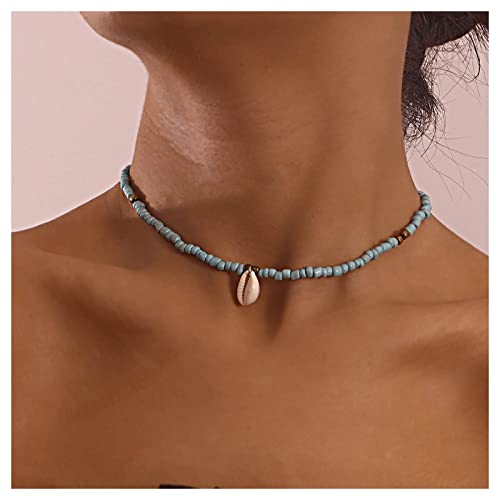 Inilbran Boho Türkis Bead Choker Halskette Vintage Kauri Anhänger Halskette Blau Gem Perlen Halskette Kette Minimalistisch Single Muschel Kette Halskette Schmuck Für Frauen Und Mädchen von Inilbran