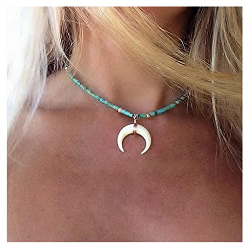 Inilbran Boho Türkis Saatgut Perlen Halskette Choker Halsketten Nach Unten Mond Halsketten Halbmond Anhänger Halsketten Kette Blau Reis Perlen Halskette Choker Schmuck Für Frauen Und Mädchen von Inilbran