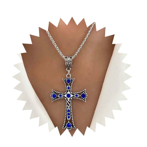 Inilbran Boho Übertrieben Saphir Kreuz Choker Halskette Vintage Große Kreuz Anhänger Halskette Punk Blau Kristall Kreuz Halskette Gothic Religiöse Christliche Halskette Kette Schmuck Für Frauen von Inilbran