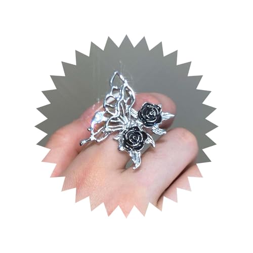 Inilbran Boho Übertriebener Schmetterling Fingerring Schwarz Rose Offener Knöchel Vintage Hohler Schmetterling Wickeln Punk Schmetterling Einstellbar Stapeln Schmuck Für Frauen von Inilbran