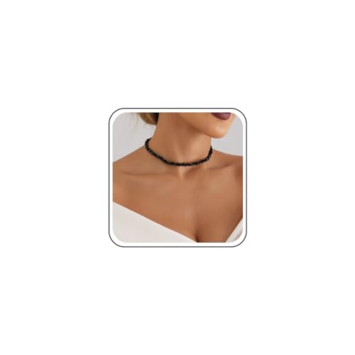 Inilbran Boho Unregelmäßige Perlen Halskette Choker Schwarzer Onyx Kristall Choker Halskette Vintage Chip Stein Perlen Halskette Schmuck Unregelmäßige Natürliche Steinperlen Halskette Für Frauen von Inilbran