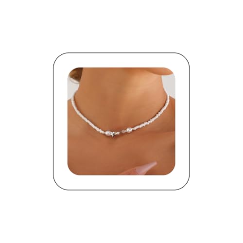 Inilbran Boho Weiß Perle Halskette Halskette Vintage Kristall Perle Stern Halskette Weiß Samen Perlen Halskette Einstellbar Reis Perlen Halskette Schmuck Für Frauen von Inilbran