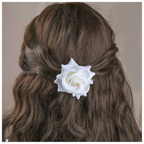 Inilbran Boho Weiße Rose Barrette Haarspange Vintage Rose Floral Haarspange Weiße Blume Pin Seite Clip Stoff Blume Haarnadel Hochzeit Braut Haarschmuck Für Frauen Kopfschmuck von Inilbran