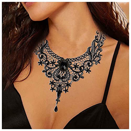 Inilbran Gothic Lace Choker Halskette Schwarz Quaste Anhänger Halskette Vintage Edelstein Kragen Halskette Schwarz Wassertropfen Edelstein Kette Halskette Schmuck für Frauen und Mädchen von Inilbran