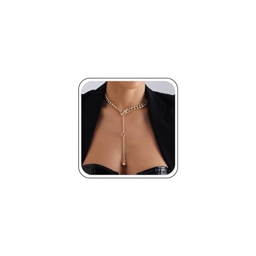 Inilbran Punk Halskette mit klobigen Gliedern Vintage Kubanische Kette Gold dicke Kette Halskette mit runden Kugelperlen Y Tropfen Halskette Schmuck für Frauen und Mädchen von Inilbran