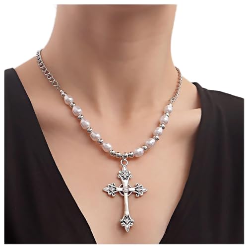 Inilbran Punk Kreuz Anhänger Halskette Silber Perle Choker Halskette Vintage Jesus Kreuz Halskette Kette Gothic Kreuz Halskette Halskette Schmuck für Frauen und Mädchen von Inilbran