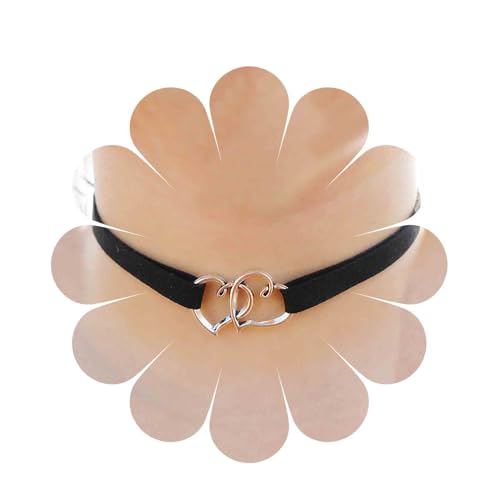 Inilbran Punk Leder Choker Halskette Silber Herz Kragen Kette Halskette Schwarz Hohl Liebe Herz Halskette Kette Retro Samt Choker Halskette Kettenschmuck Für Frauen Und Mädchen von Inilbran