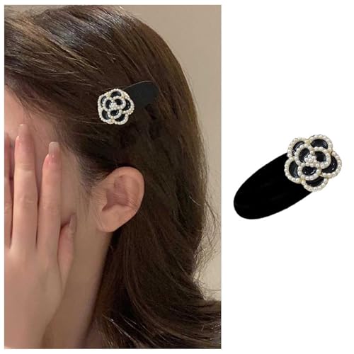Inilbran Vintage Blume Perle Haarnadel Clip Kamelie Seite Clip Haarnadel Barrette Kleine Kamelie Blume Haarspange Dekorative Samt Blume Haar Pin Clip Hochzeit Braut Blume Haarspange(schwarz) von Inilbran