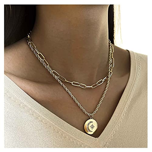 Inilbran Vintage Geschichtet Büroklammer Kette Halskette Boho Mond Münze Anhänger Halskette Kette Gold Stern Scheibe Halskette Choker Runde Münze Medaillon Halsketten Schmuck Für Frauen Und Mädchen von Inilbran
