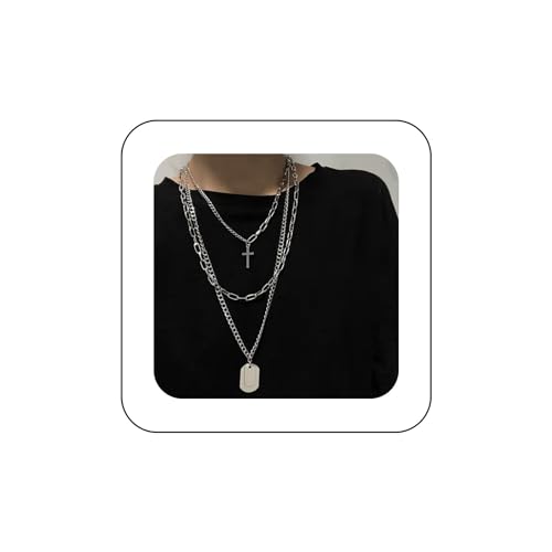 Inilbran Vintage Geschichtetes Kreuz Halskette Silber Büroklammer Kette Halskette Choker Hundemarke Anhänger Halskette Choker Punk Chunky Link Kette Halskette Schmuck Für Frauen Und Mädchen von Inilbran
