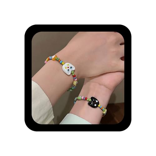 Inilbran boho bunte Samen Perlenarmband Vintage Cartoon Katze Armband niedliche Katze Stretch Armbänder Regenbogenperlen Armbänder Handkettenschmuck für Frauen (schwarz) von Inilbran