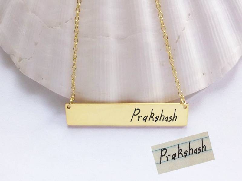 Gold Handschrift Halskette, Handgeschriebene Bar Gravierte Unterschrift Personalisierte Name Benutzerdefinierte Gedenk Halskette von InitialNecklaces