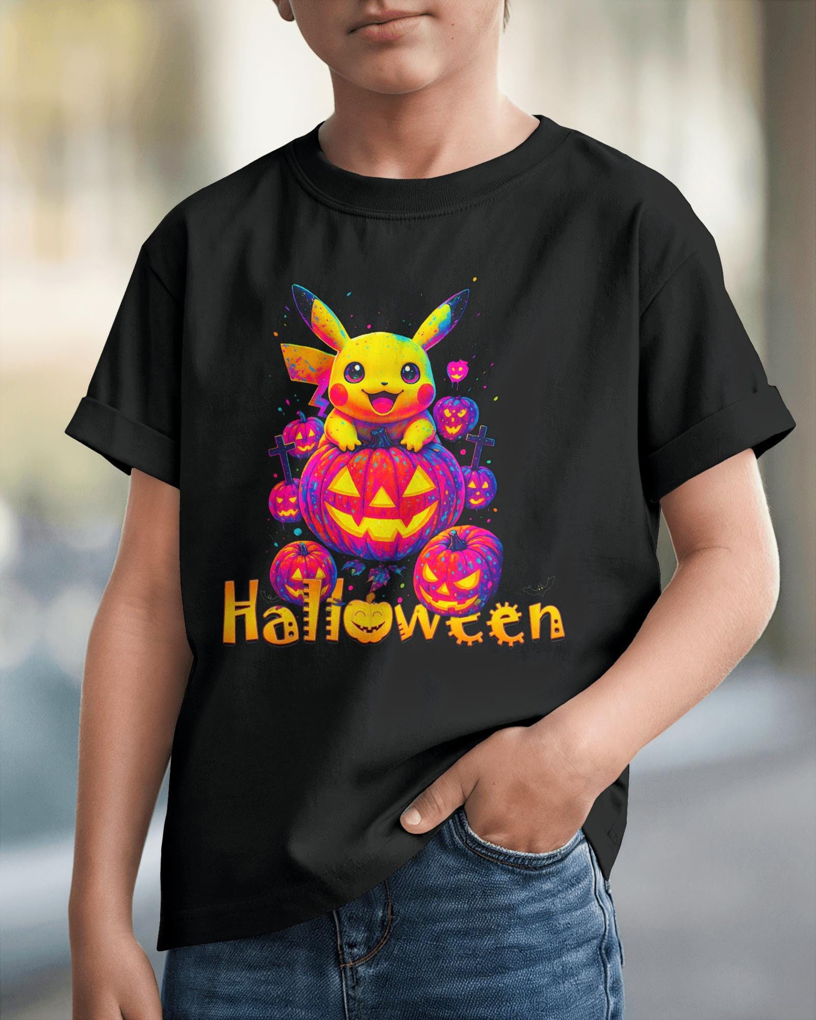 Pikachu Halloween Kinder-T-Shirt Neon-Kürbis-T-Shirt, Lustiges „Süßes Oder Saures"-Outfit. Kostenlose Lieferung von InkVibesStore