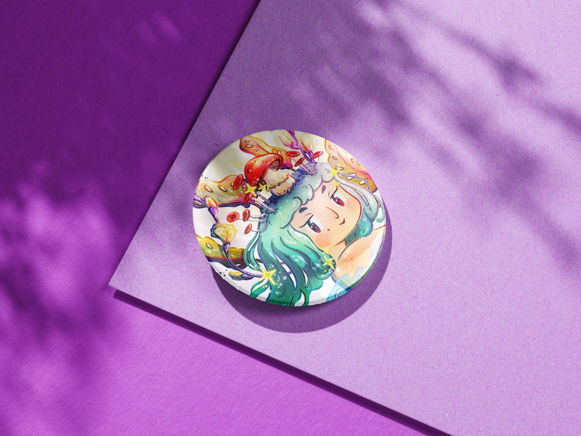 Pilz Mädchen Pin, 38mm Button Badge, Hexe Schmuck, Floral Natur Rucksack Pins von InkberryCrafts