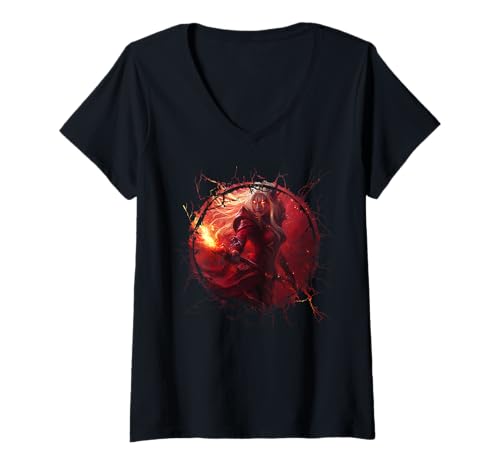 Damen Flammenmagierin in dunkler Rüstung mit leuchtenden Augen T-Shirt mit V-Ausschnitt Damen Flammenmagierin in dunkler Rüstung mit leuchtenden Augen T-Shirt mit V-Ausschnitt von Inkdaps