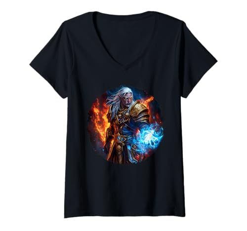 Damen Mystischer Magier Krieger Episches Fantasy Feuer Eis Artwork T-Shirt mit V-Ausschnitt Damen Mystischer Magier Krieger Episches Fantasy Feuer Eis Artwork T-Shirt mit V-Ausschnitt von Inkdaps