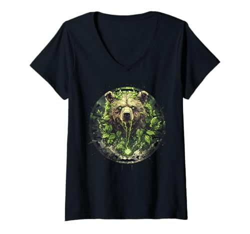 Damen Mystischer Naturbär mit grüner Magie und spiritueller Kraft T-Shirt mit V-Ausschnitt Damen Mystischer Naturbär mit grüner Magie und spiritueller Kraft T-Shirt mit V-Ausschnitt von Inkdaps