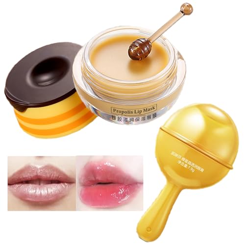 Bee Balm Honey Hydrating Lip Sleeping Mask,Long Lasting Moisturizing Plumping Lip Gloss Lipstick with Brush,2PCS Nourishing Lip Balm Honey Pot for Hydrating & Prevention Dry and Cracked Lips von Inkjoy